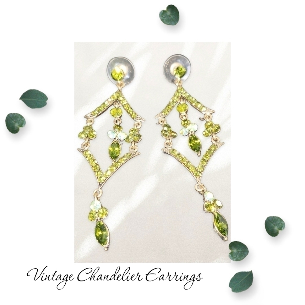 Vintage Chandelier Earrings Green & Aurora Borealis Rhinestones  Approx 3"